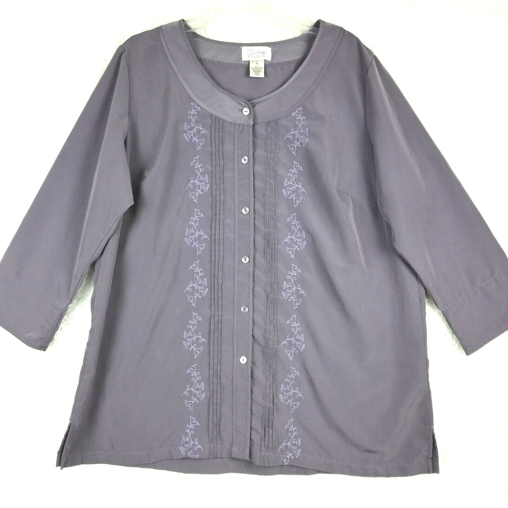 Chelsea Studio Shirt Womens Button Down Purple Embroidered Floral Sheen Plus 1X